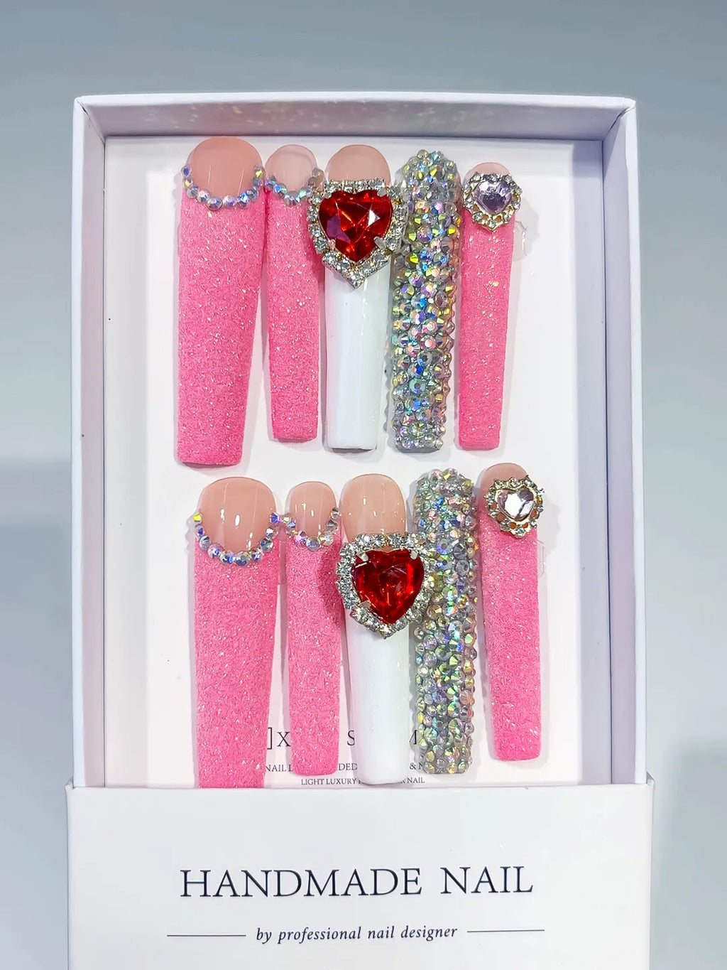 Pink White Red Solid color Heart Bow Rhinestone 3D press on nails full set view