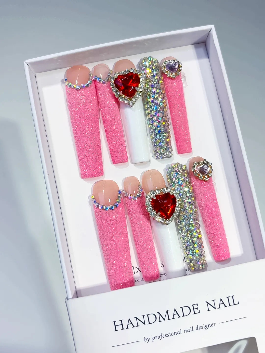 Pink White Red Solid color Heart Bow Rhinestone 3D press on nails angled view