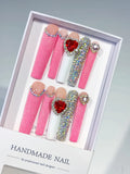 Pink White Red Solid color Heart Bow Rhinestone 3D press on nails