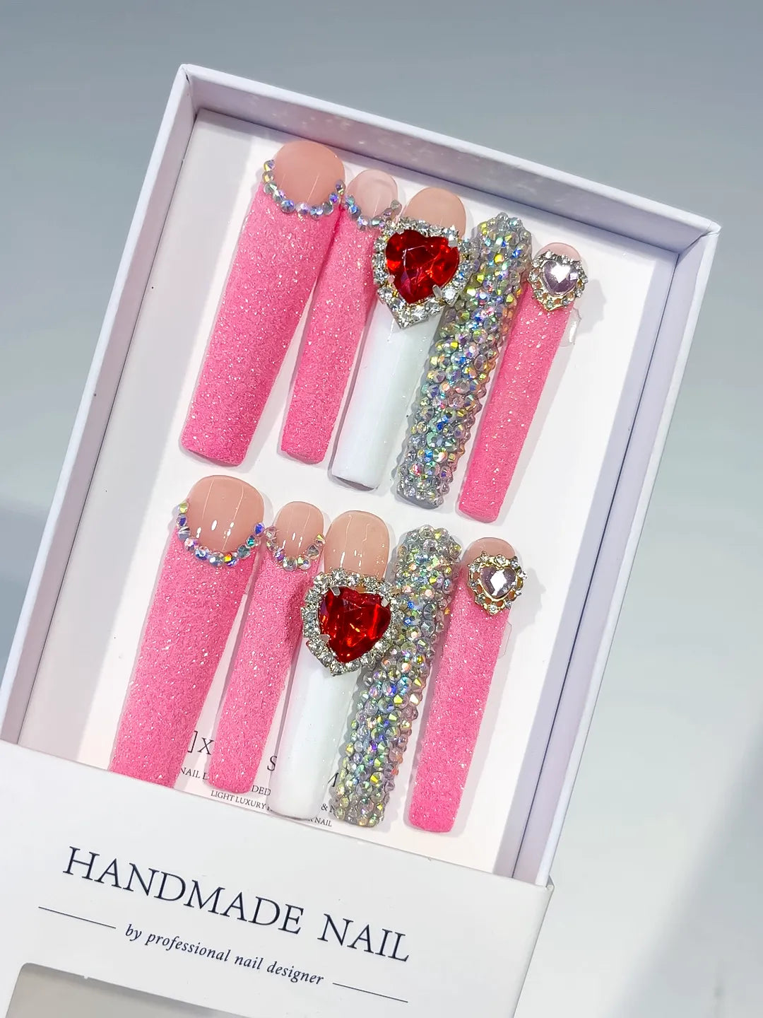 Pink White Red Solid color Heart Bow Rhinestone 3D press on nails