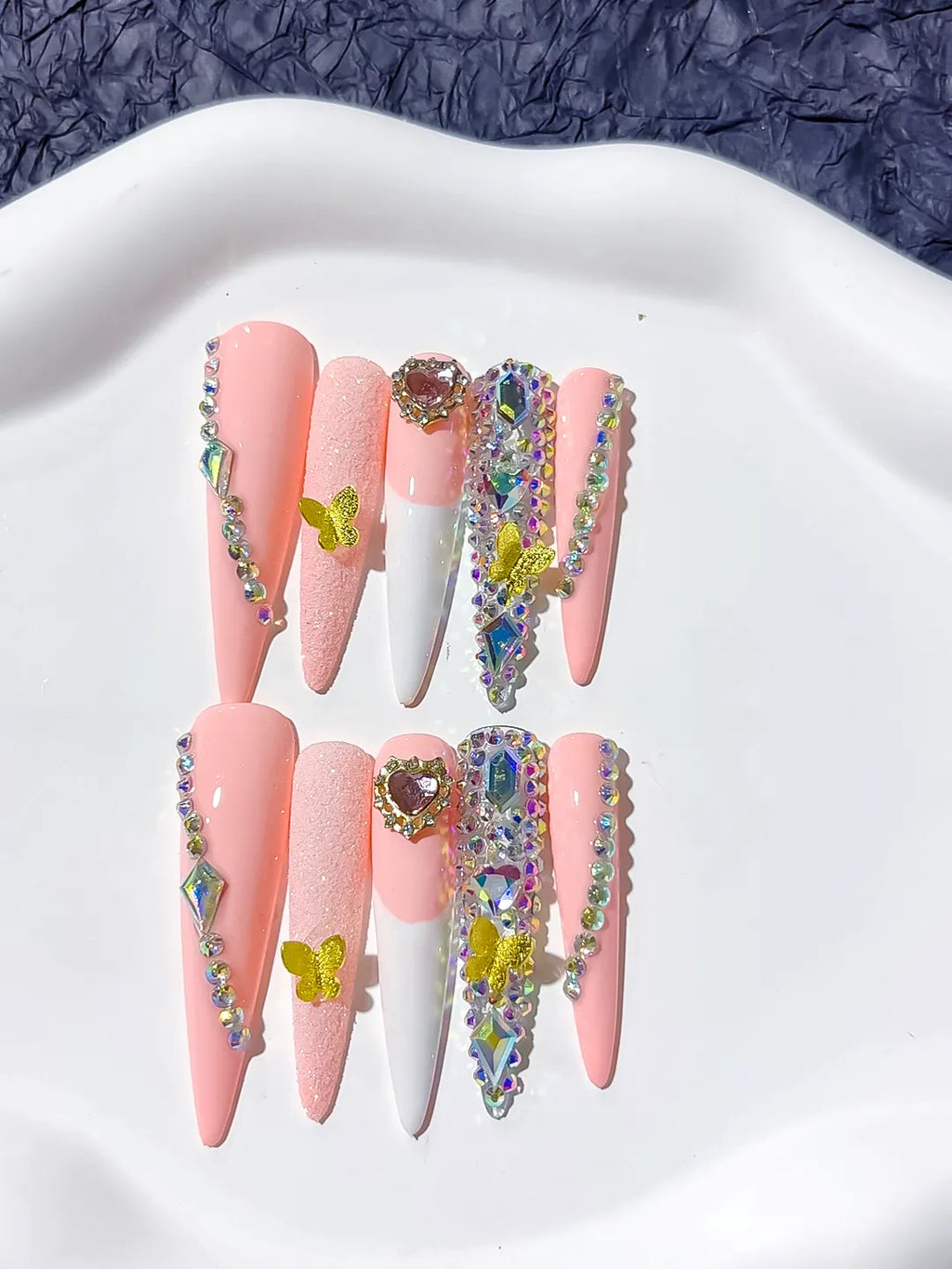White Pink Yellow Blue Abstract Flower 3D press on nails detail view