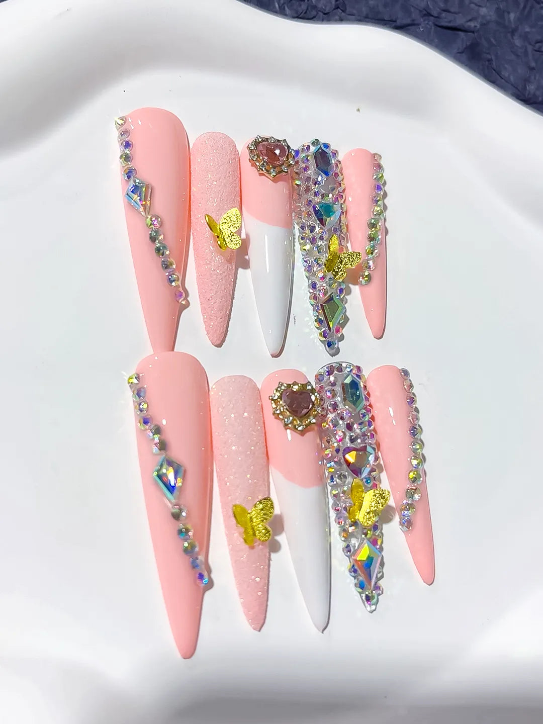 White Pink Yellow Blue Abstract Flower 3D press on nails close up