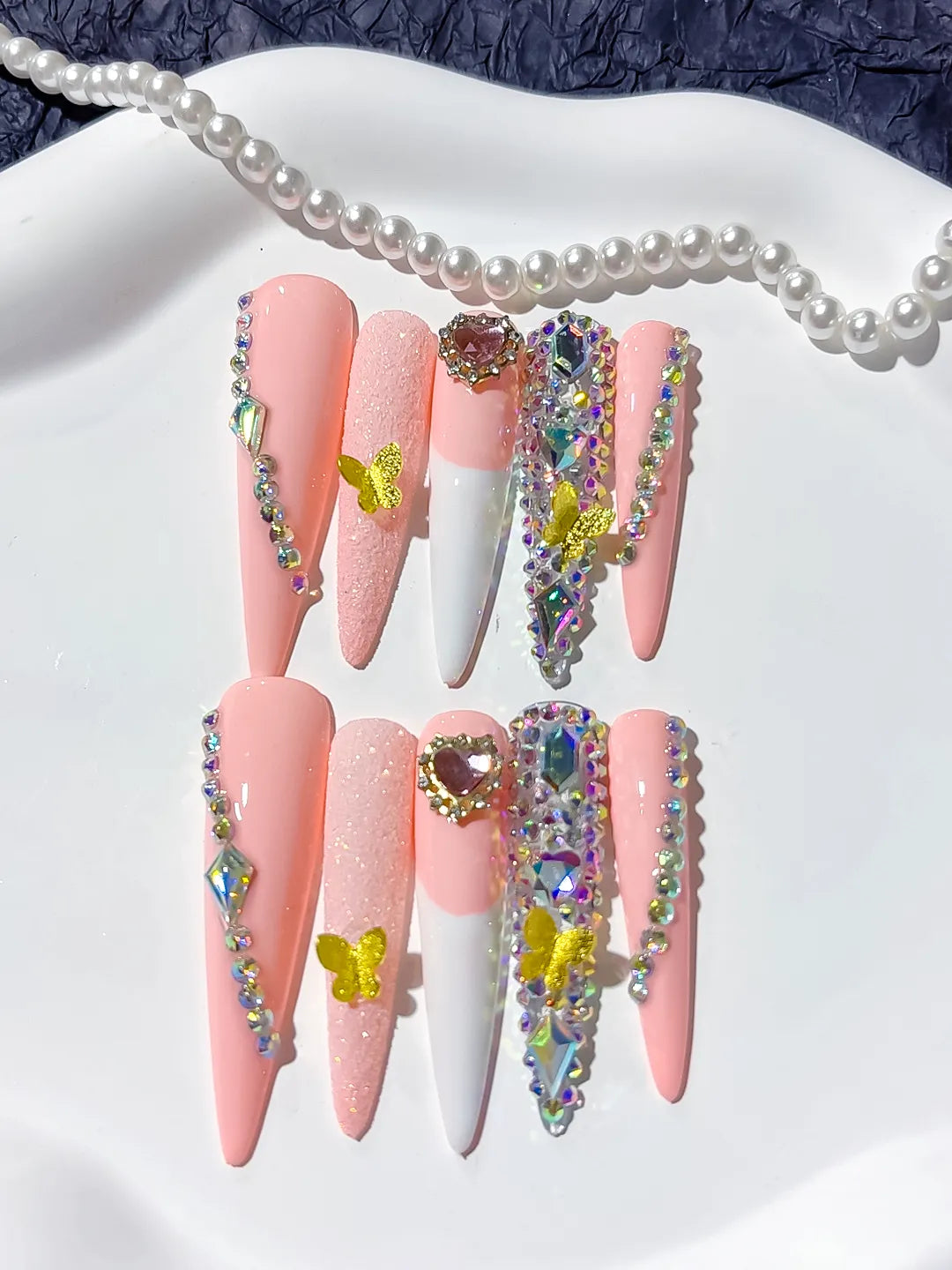 White Pink Yellow Blue Abstract Flower 3D press on nails detail view
