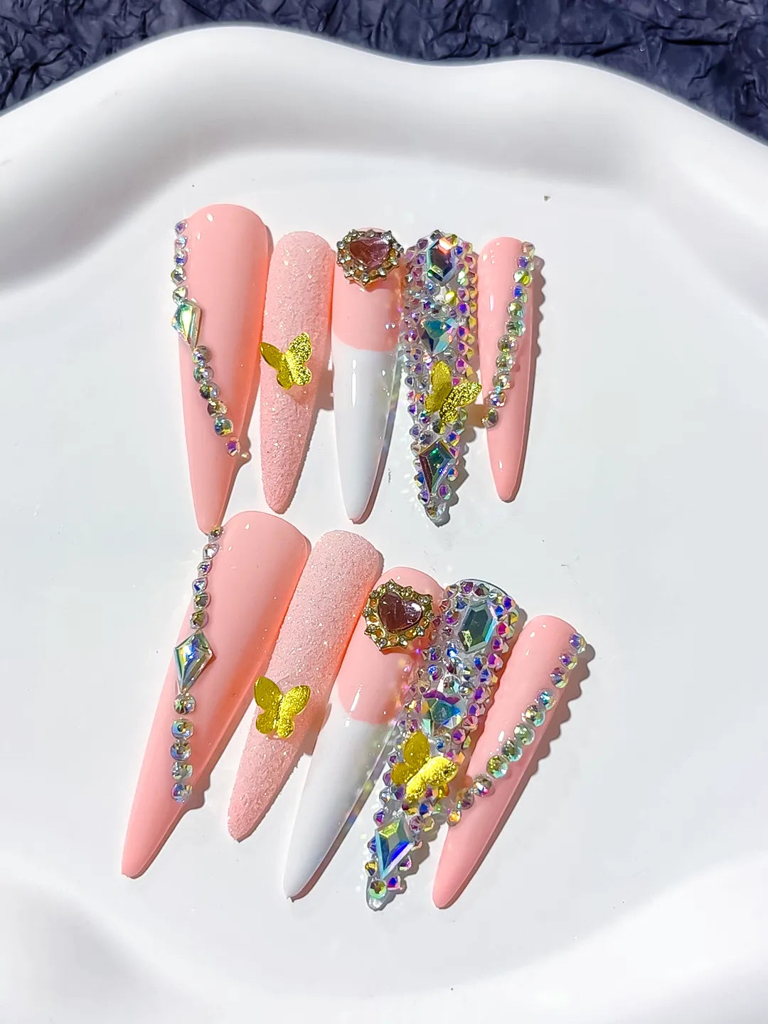 White Pink Yellow Blue Abstract Flower 3D press on nails detail view