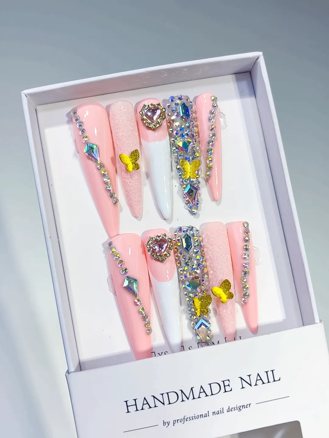 White Pink Yellow Blue Abstract Flower 3D press on nails angled view