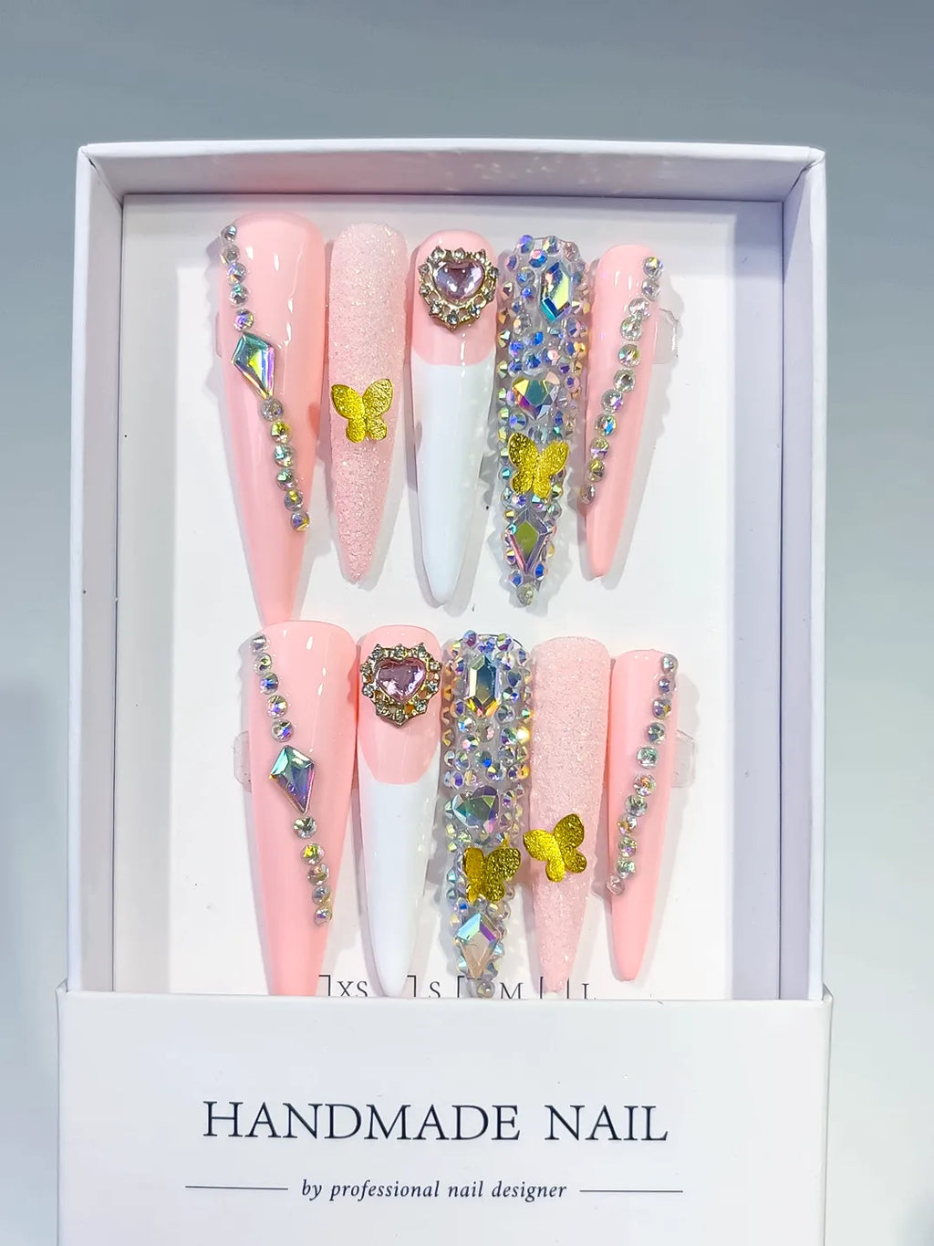White Pink Yellow Blue Abstract Flower 3D press on nails full set view