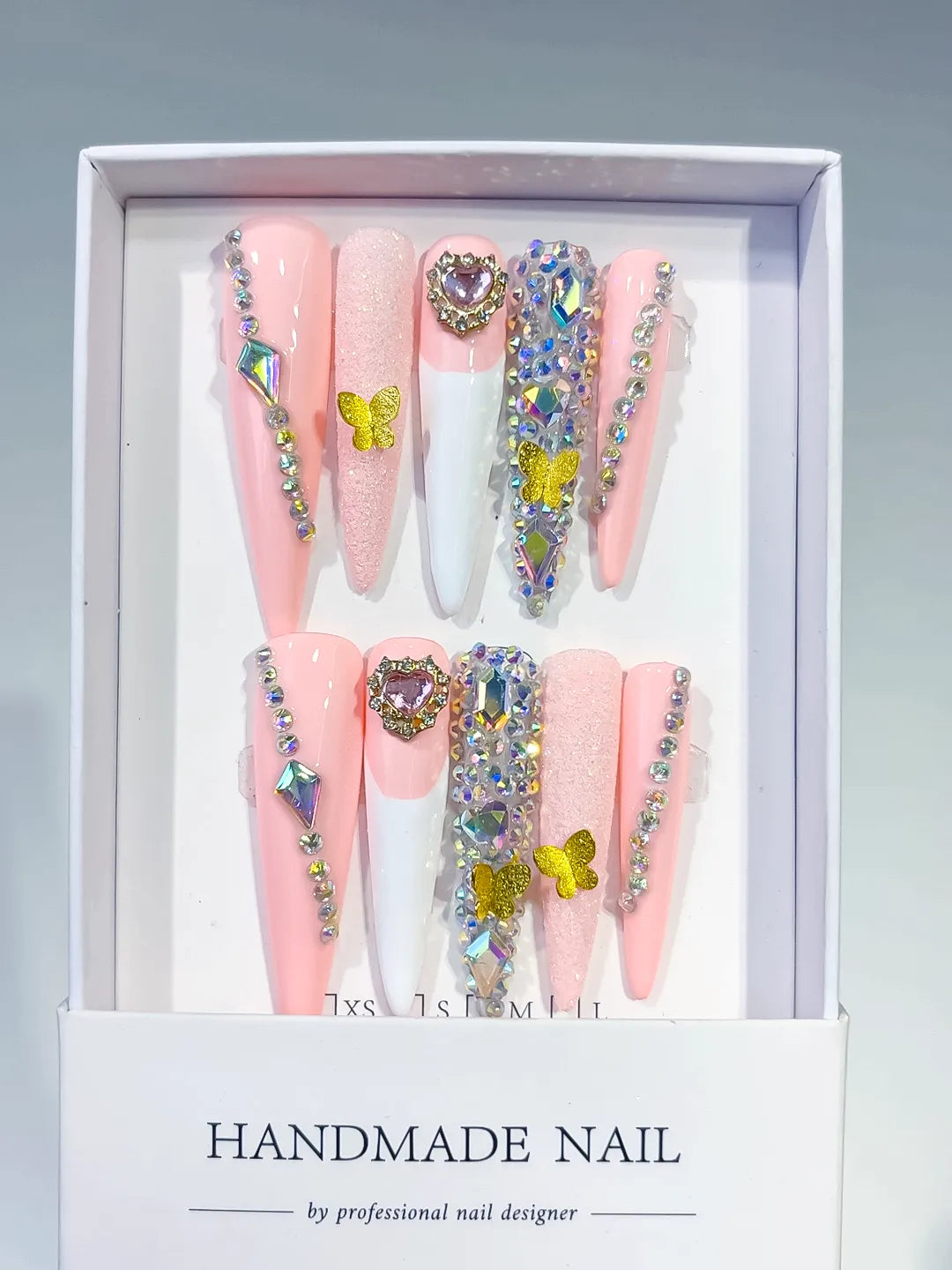 White Pink Yellow Blue Abstract Flower 3D press on nails full set view