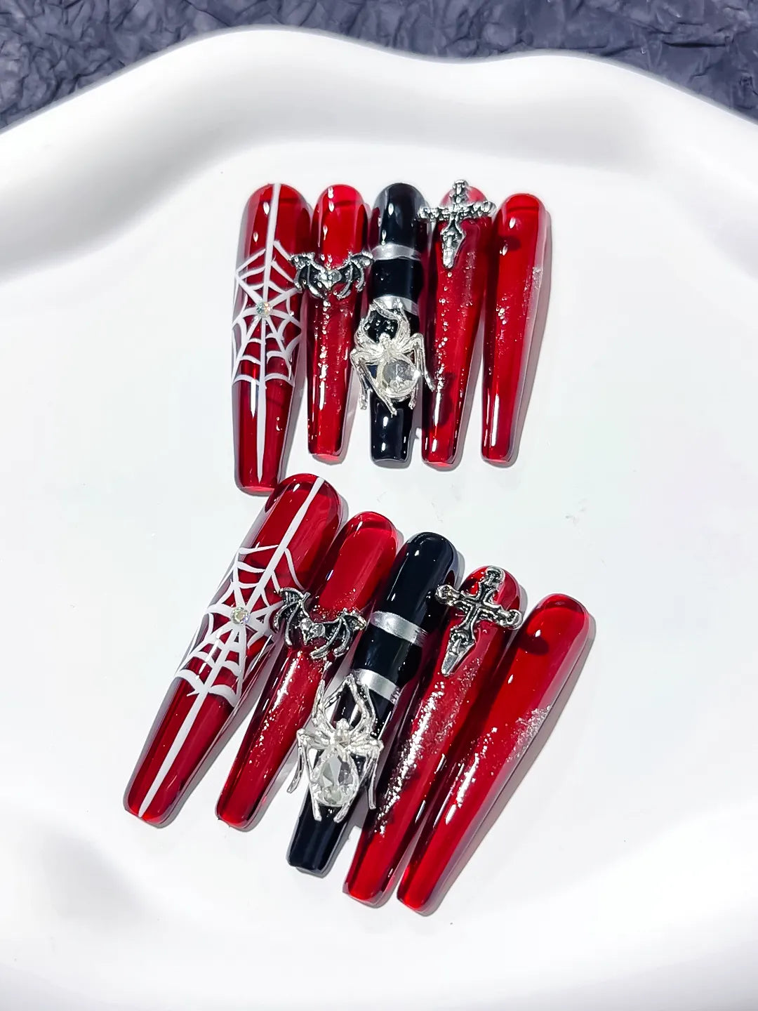 Red Black Silver Abstract Strap Stud Metallic Accent press on nails detail view