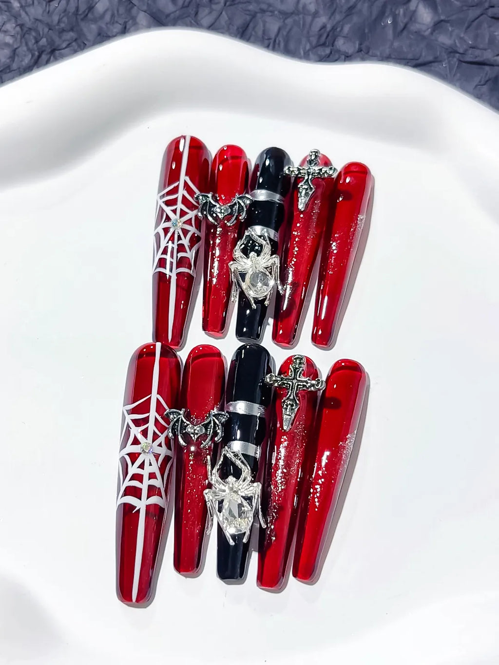 Red Black Silver Abstract Strap Stud Metallic Accent press on nails detail view