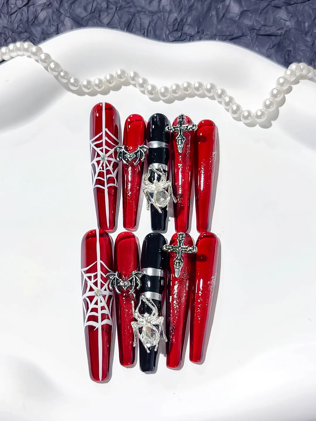 Red Black Silver Abstract Strap Stud Metallic Accent press on nails detail view