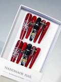 Red Black Silver Abstract Strap Stud Metallic Accent press on nails