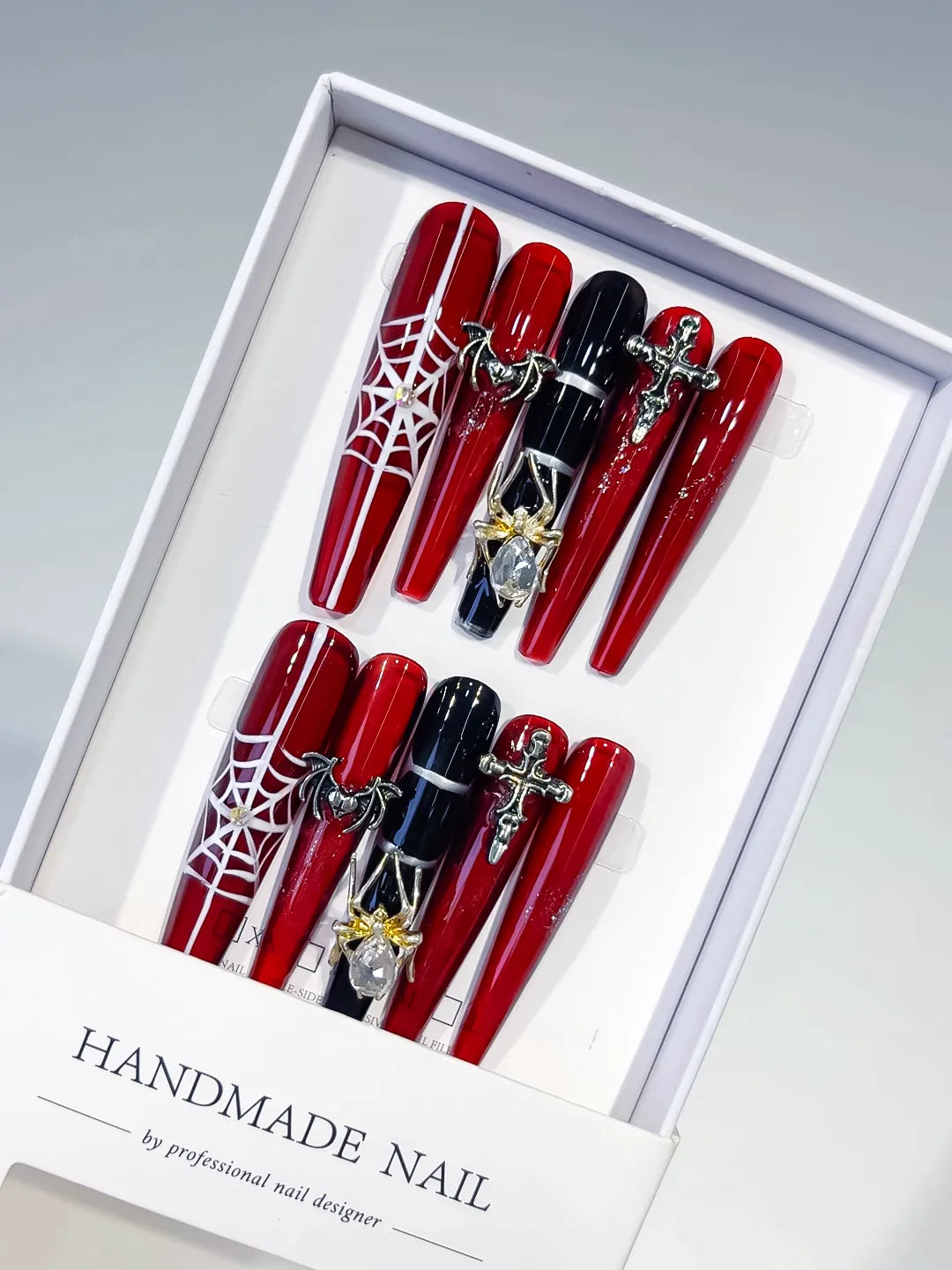 Red Black Silver Abstract Strap Stud Metallic Accent press on nails