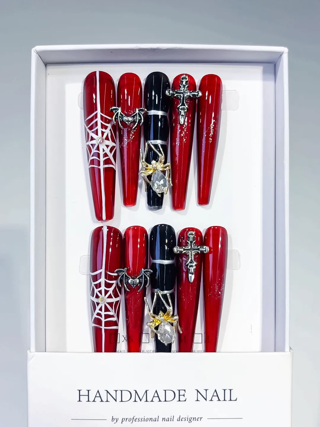 Red Black Silver Abstract Strap Stud Metallic Accent press on nails full set view