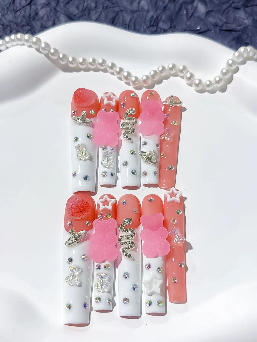 White Pink Solid color Flower 3D press on nails close up