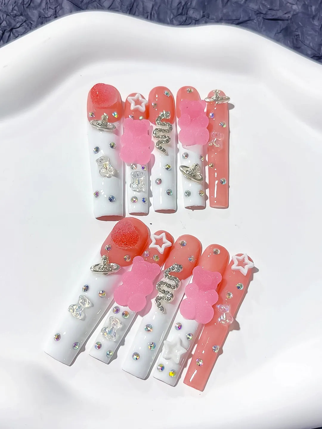White Pink Solid color Flower 3D press on nails detail view