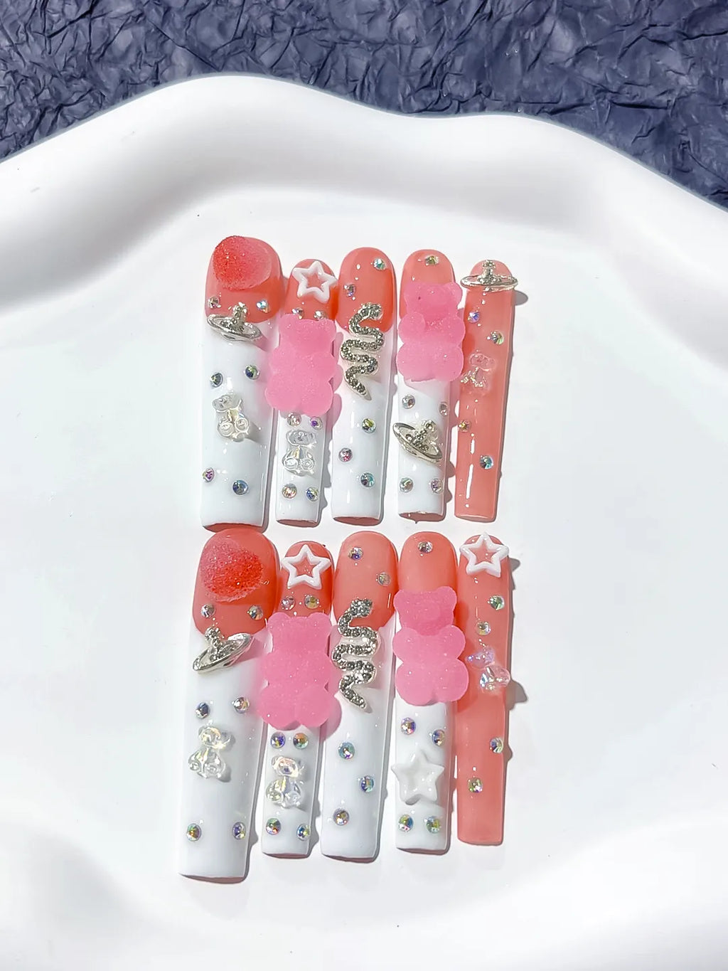 White Pink Solid color Flower 3D press on nails detail view