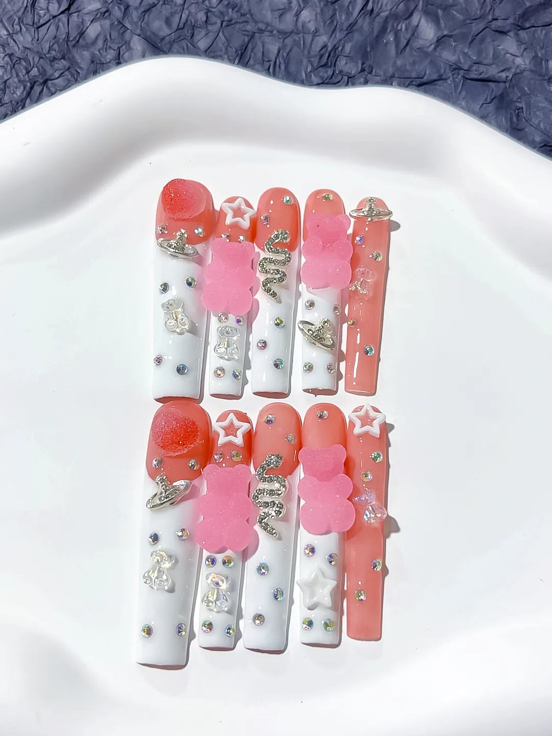 White Pink Solid color Flower 3D press on nails detail view