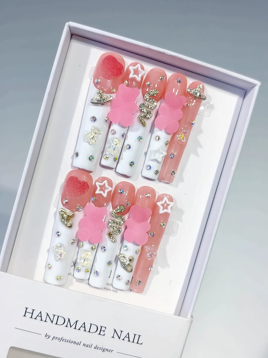 White Pink Solid color Flower 3D press on nails