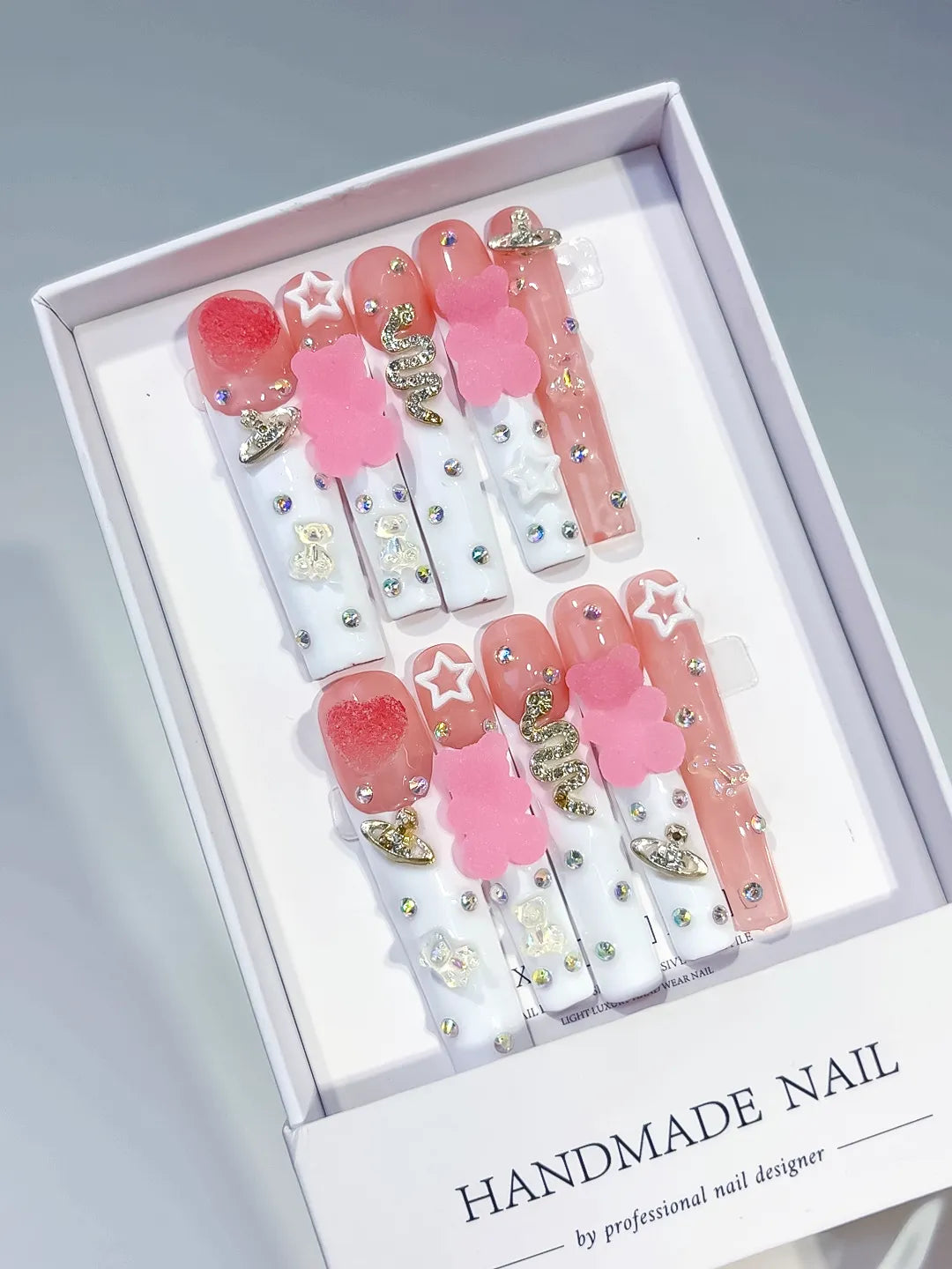 White Pink Solid color Flower 3D press on nails angled view