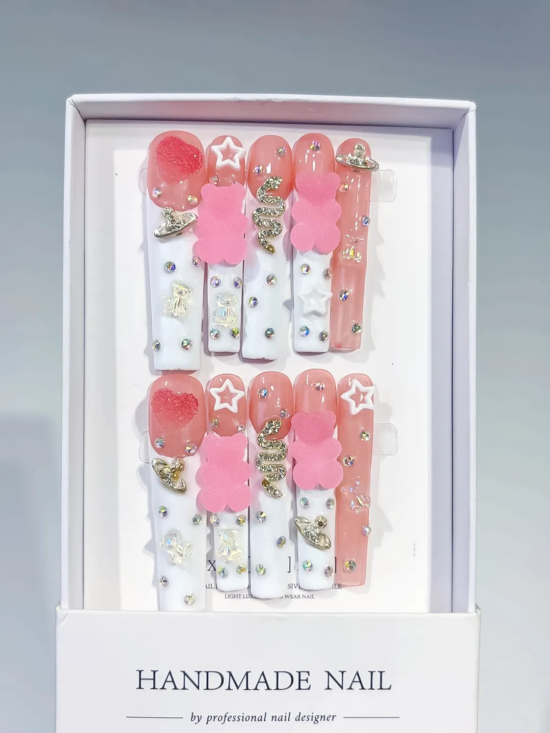 White Pink Solid color Flower 3D press on nails full set view