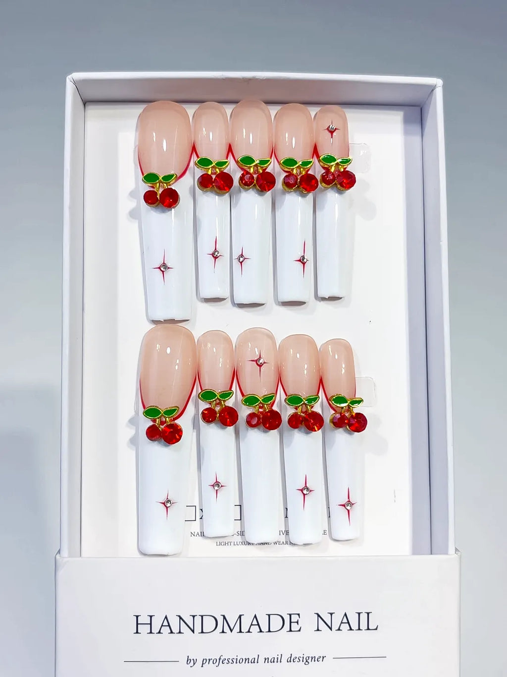 White Red Green Floral Cherry press on nails full set view