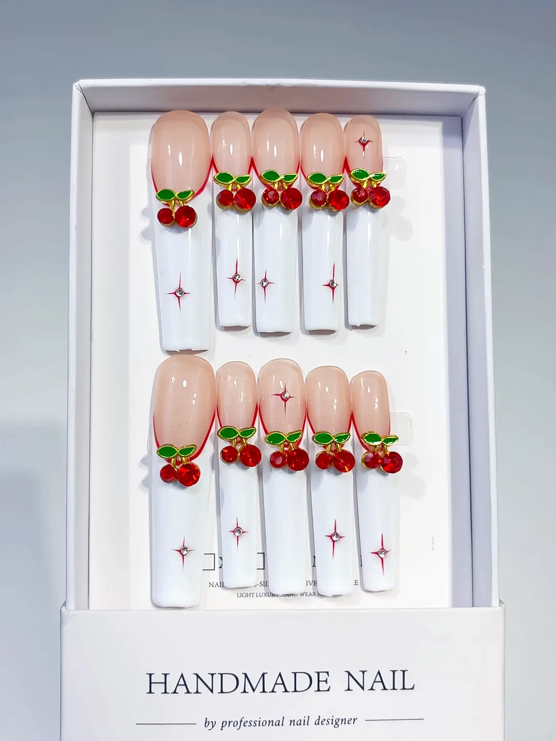 White Red Green Floral Cherry press on nails full set view