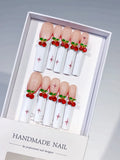 White Red Green Floral Cherry press on nails