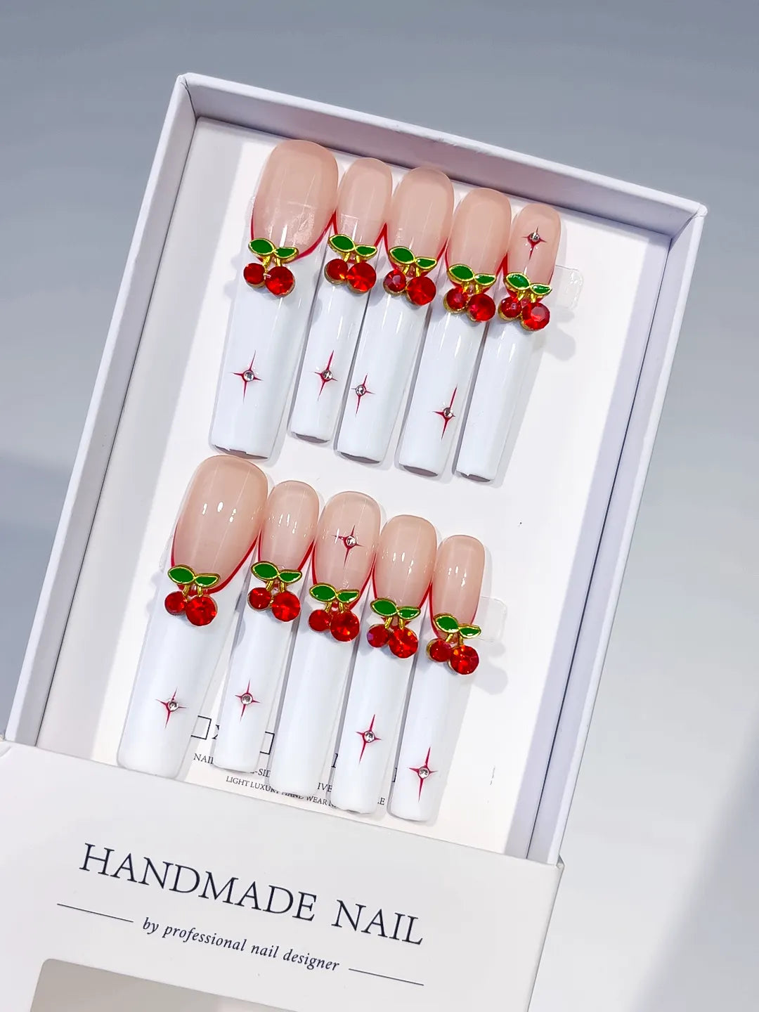 White Red Green Floral Cherry press on nails
