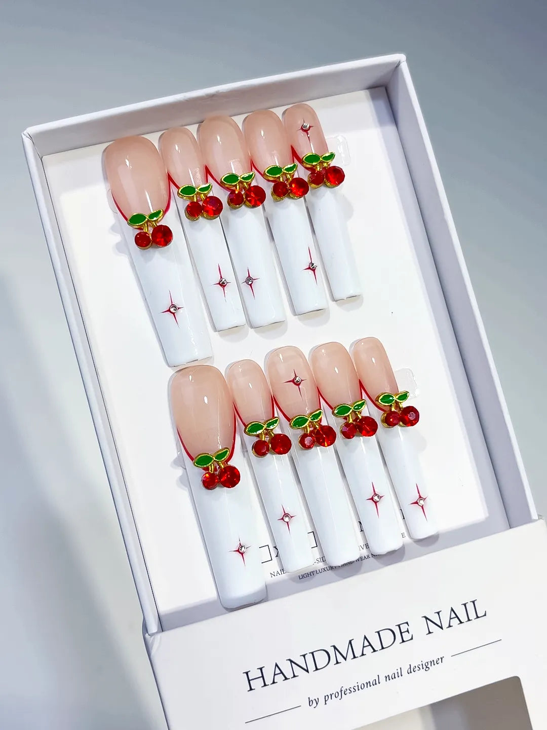 White Red Green Floral Cherry press on nails angled view