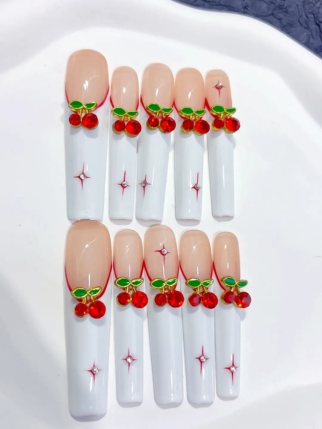 White Red Green Floral Cherry press on nails close up