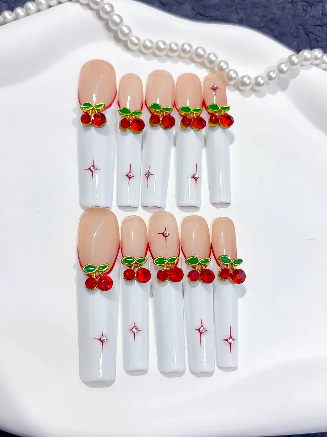 White Red Green Floral Cherry press on nails detail view