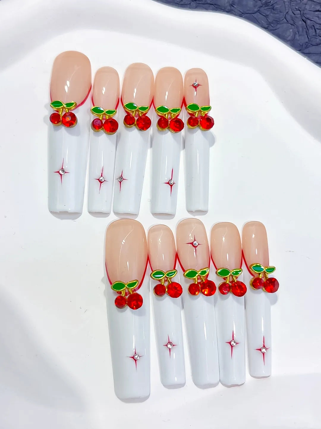 White Red Green Floral Cherry press on nails detail view