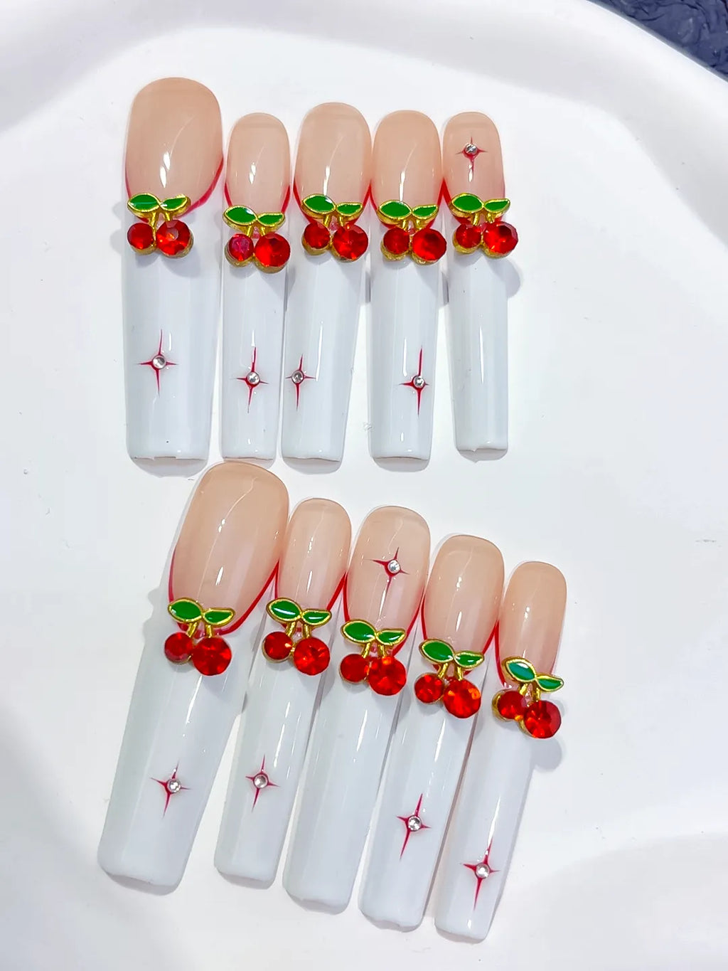 White Red Green Floral Cherry press on nails detail view