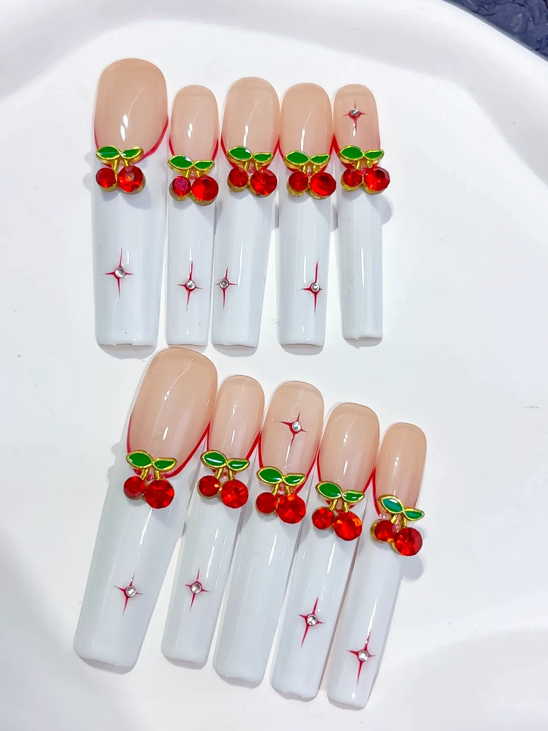 White Red Green Floral Cherry press on nails detail view
