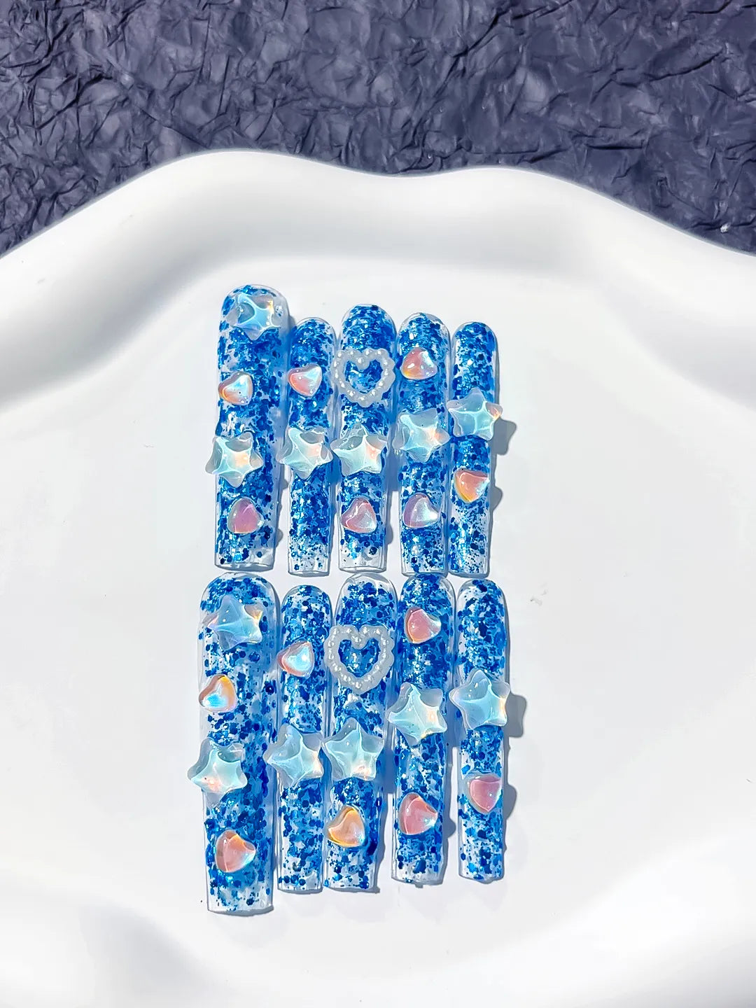 Blue White Abstract Flower 3D press on nails close up