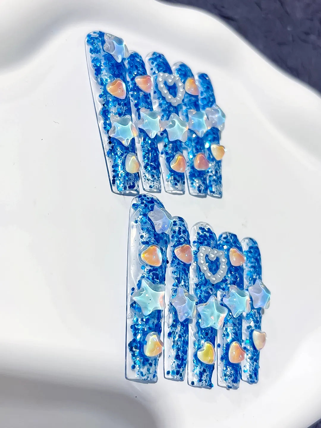 Blue White Abstract Flower 3D press on nails detail view