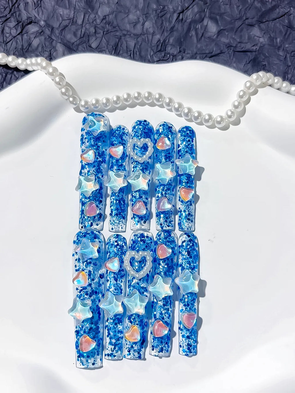 Blue White Abstract Flower 3D press on nails detail view