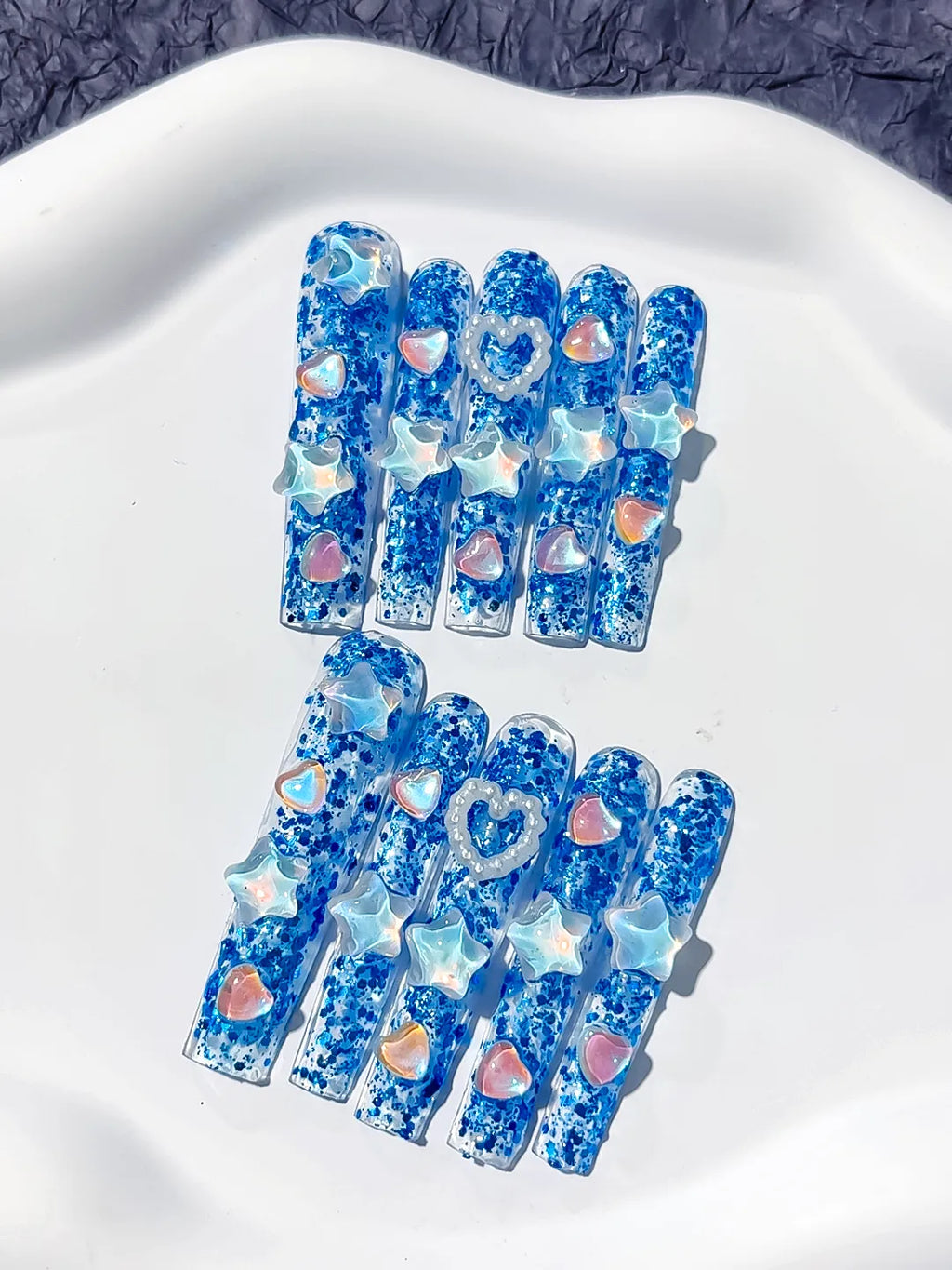 Blue White Abstract Flower 3D press on nails detail view