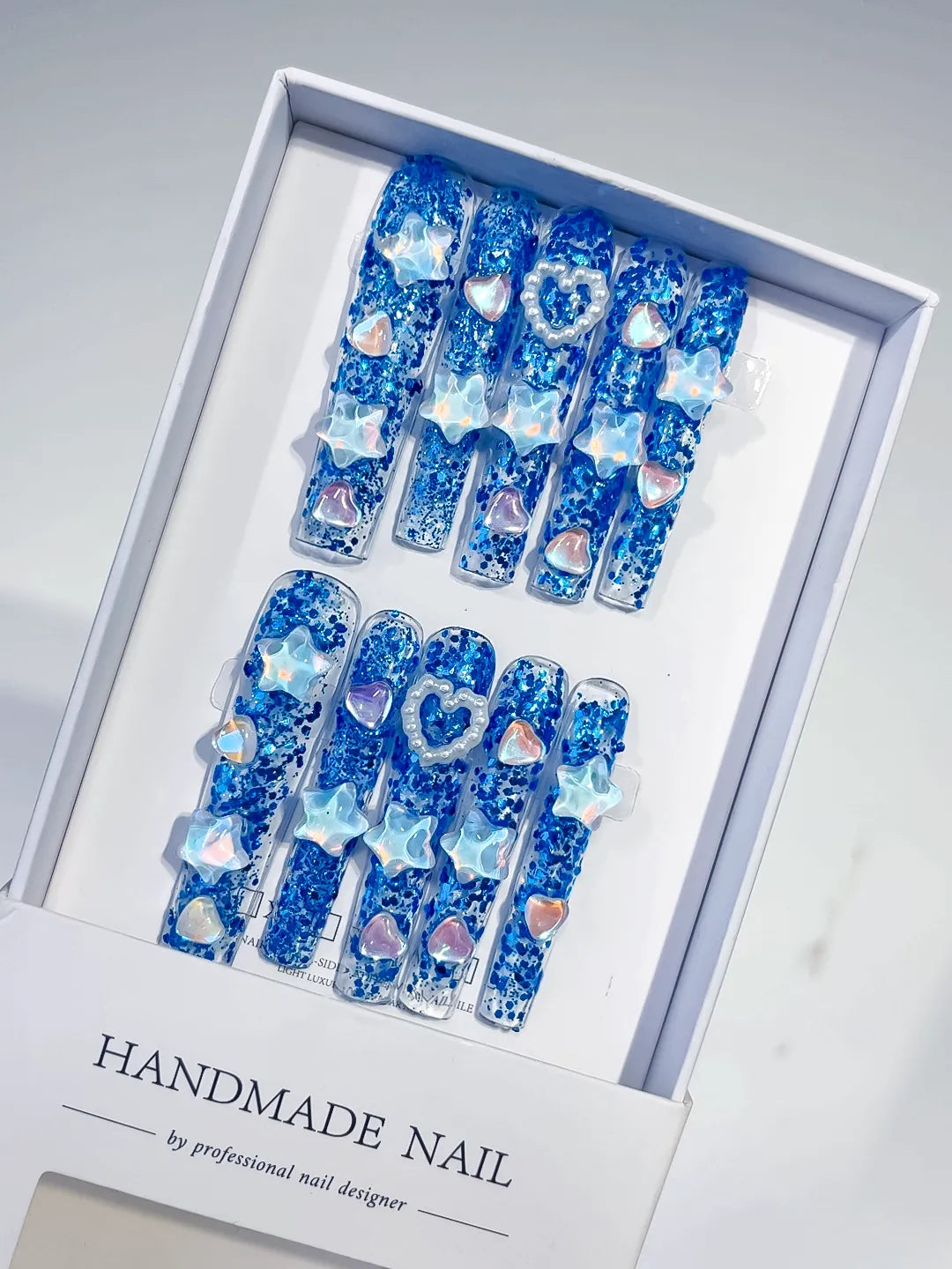 Blue White Abstract Flower 3D press on nails