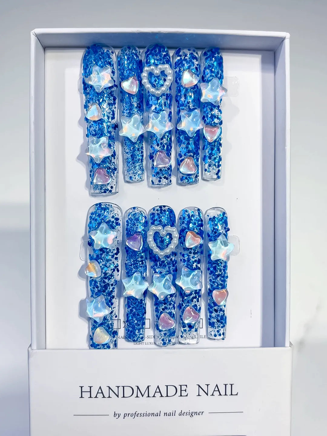 Blue White Abstract Flower 3D press on nails full set view