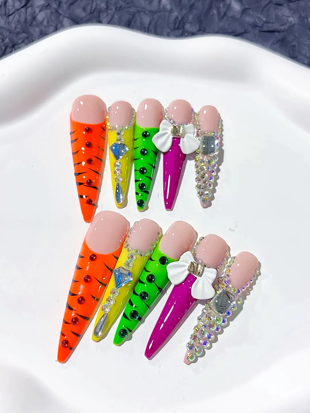 Orange Green White Purple Abstract Flower 3D press on nails close up