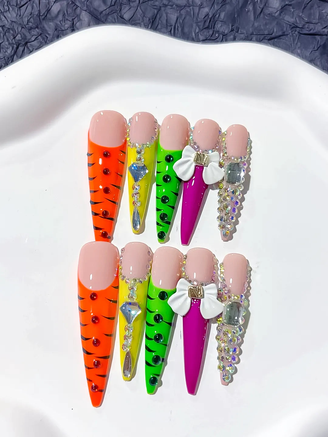 Orange Green White Purple Abstract Flower 3D press on nails detail view