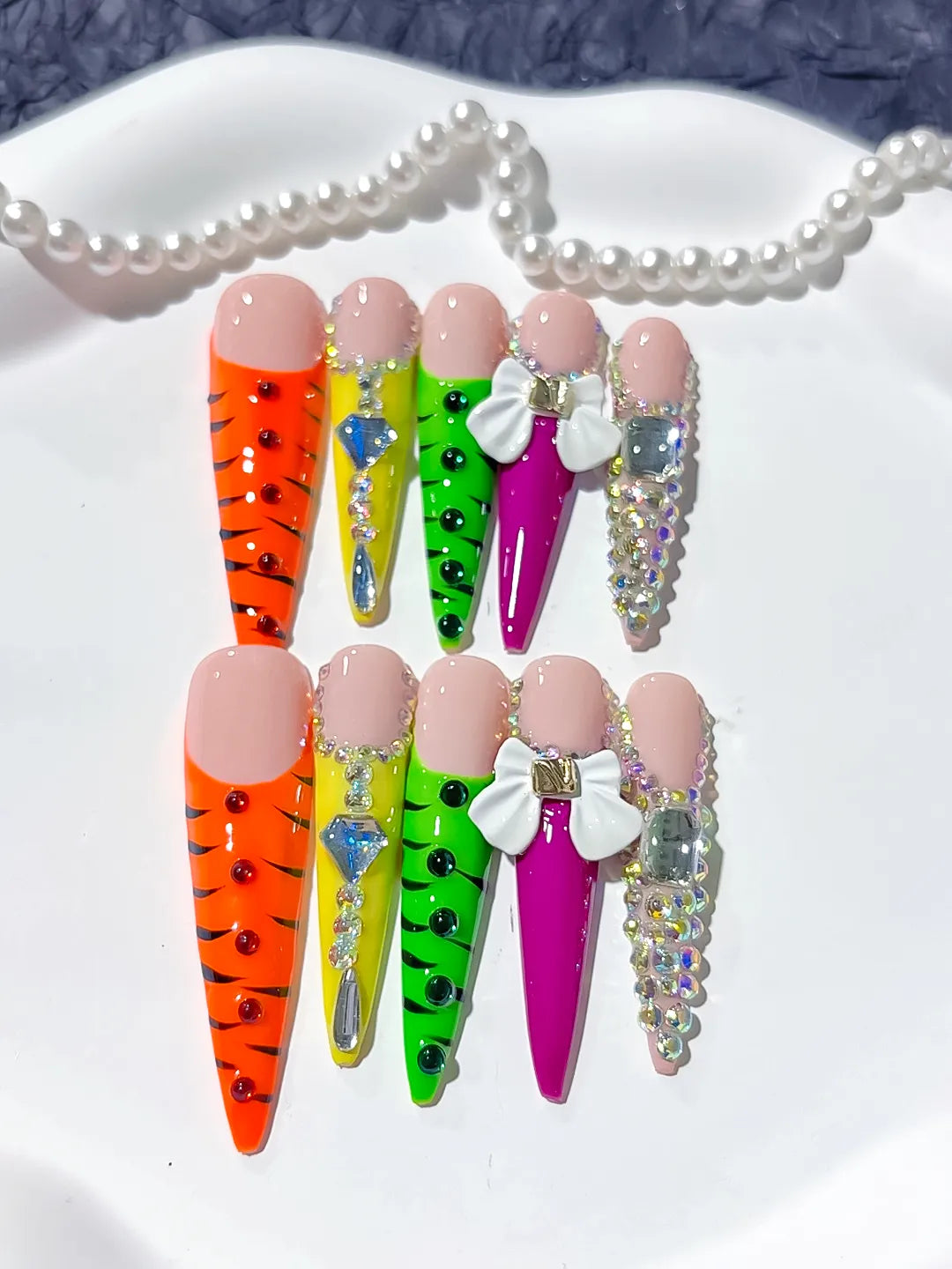 Orange Green White Purple Abstract Flower 3D press on nails detail view
