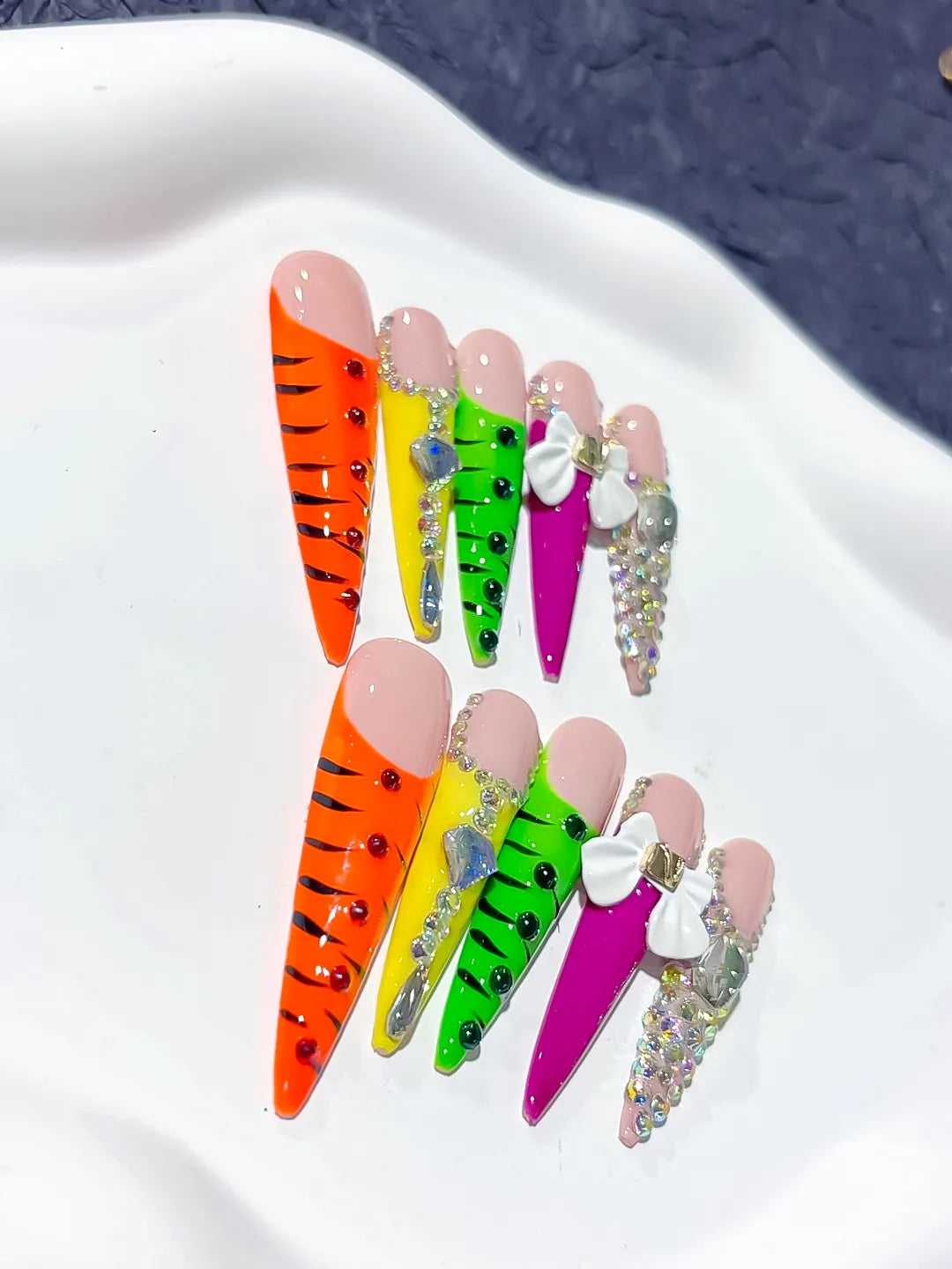 Orange Green White Purple Abstract Flower 3D press on nails detail view