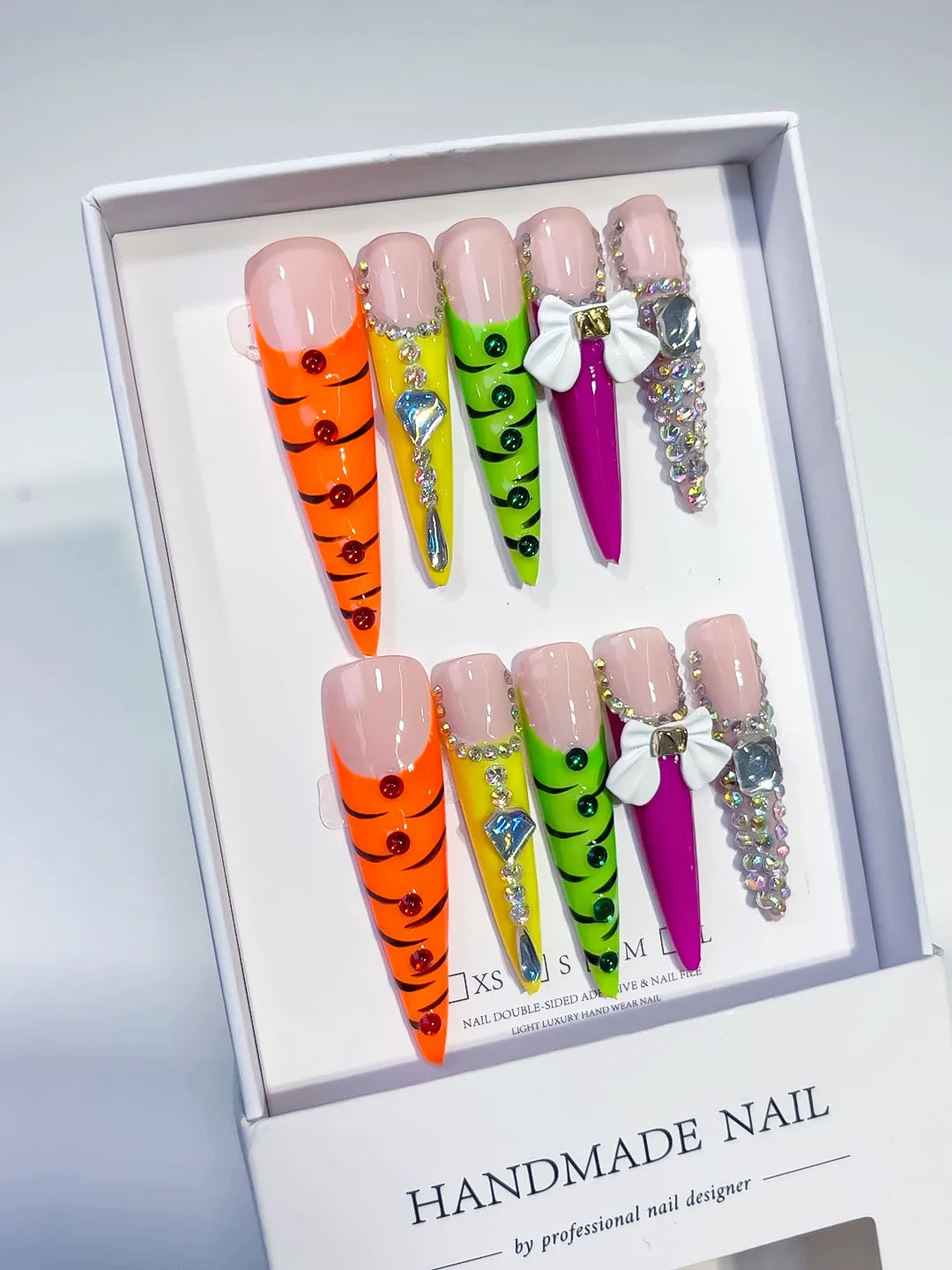 Orange Green White Purple Abstract Flower 3D press on nails angled view