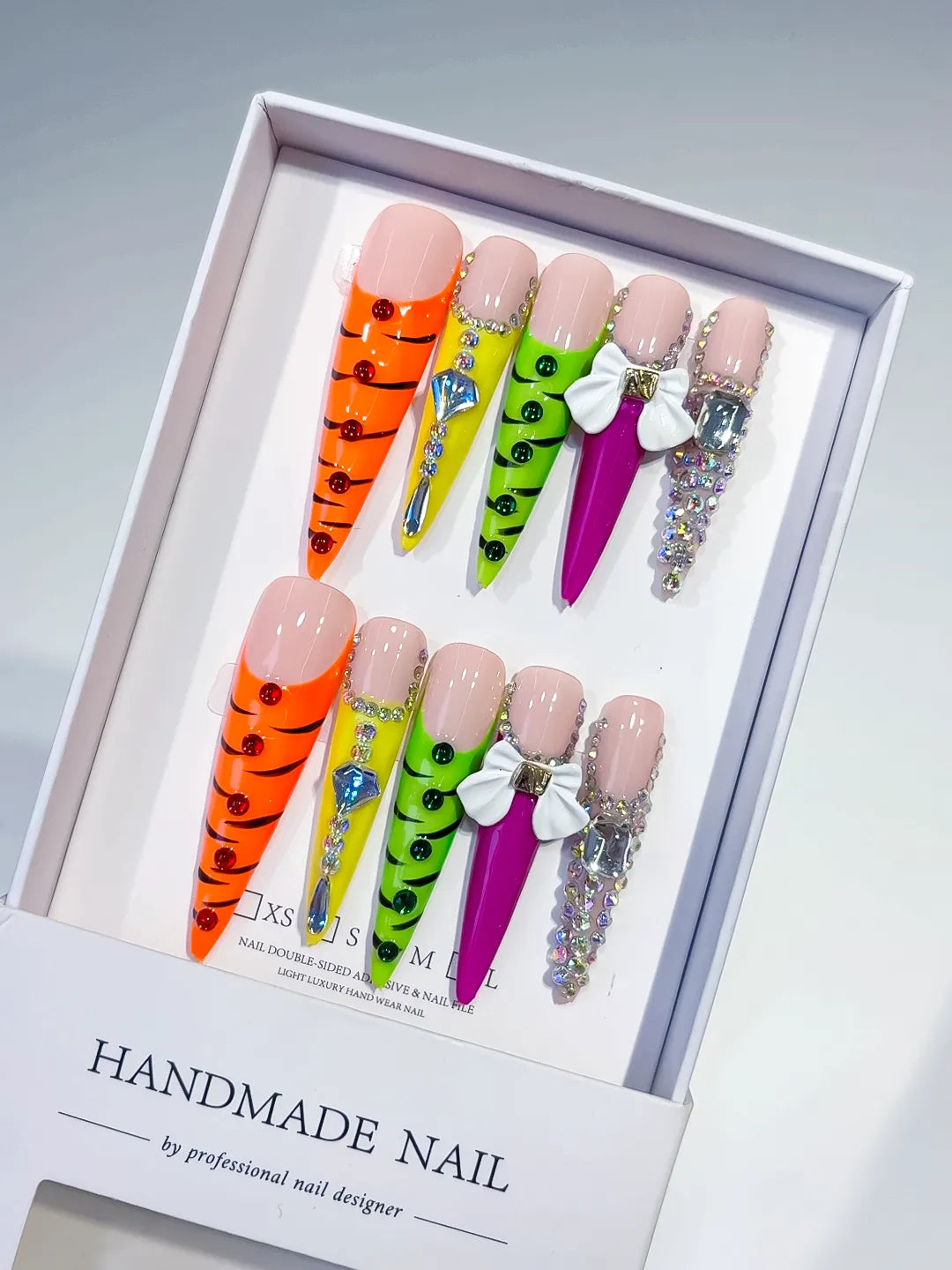 Orange Green White Purple Abstract Flower 3D press on nails