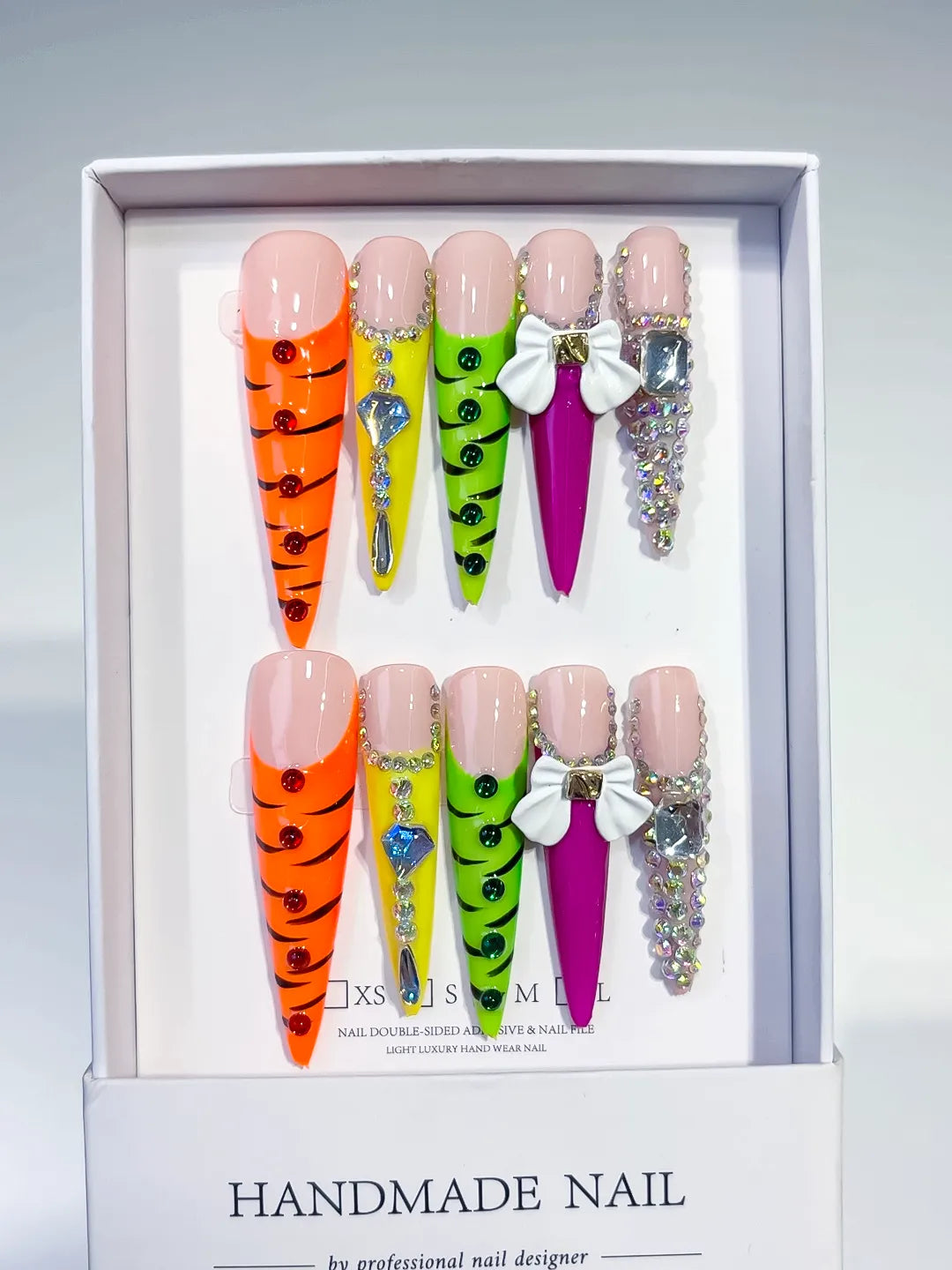 Orange Green White Purple Abstract Flower 3D press on nails full set view