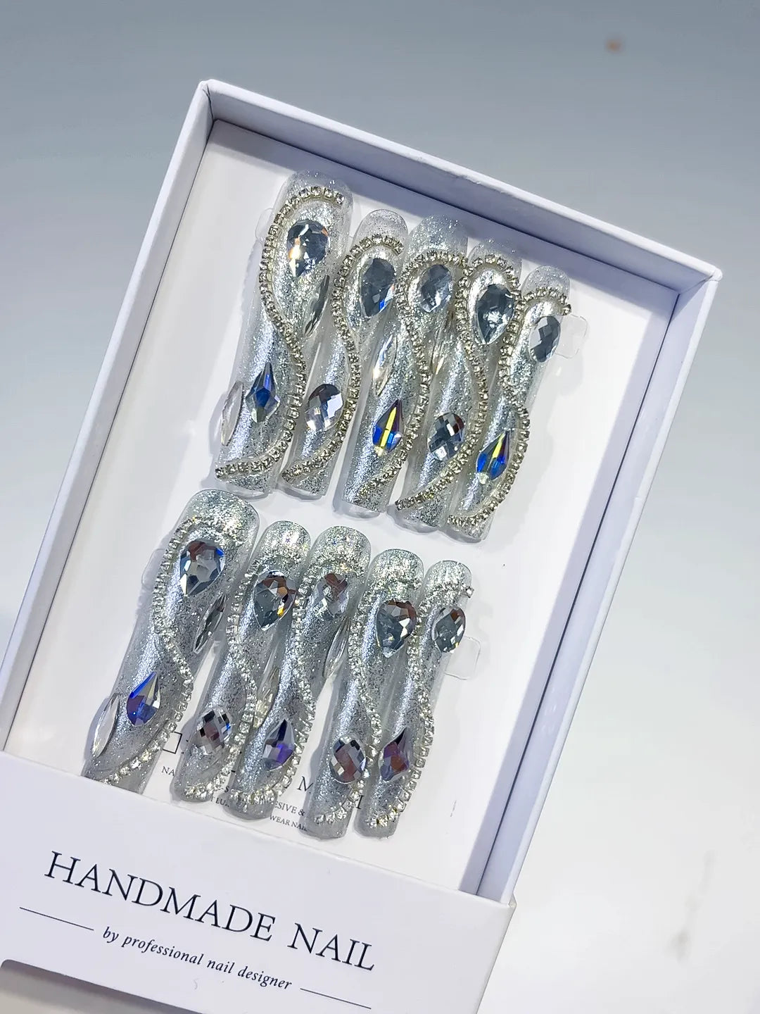 Silver Solid color Rhinestone Crystal Cluster press on nails