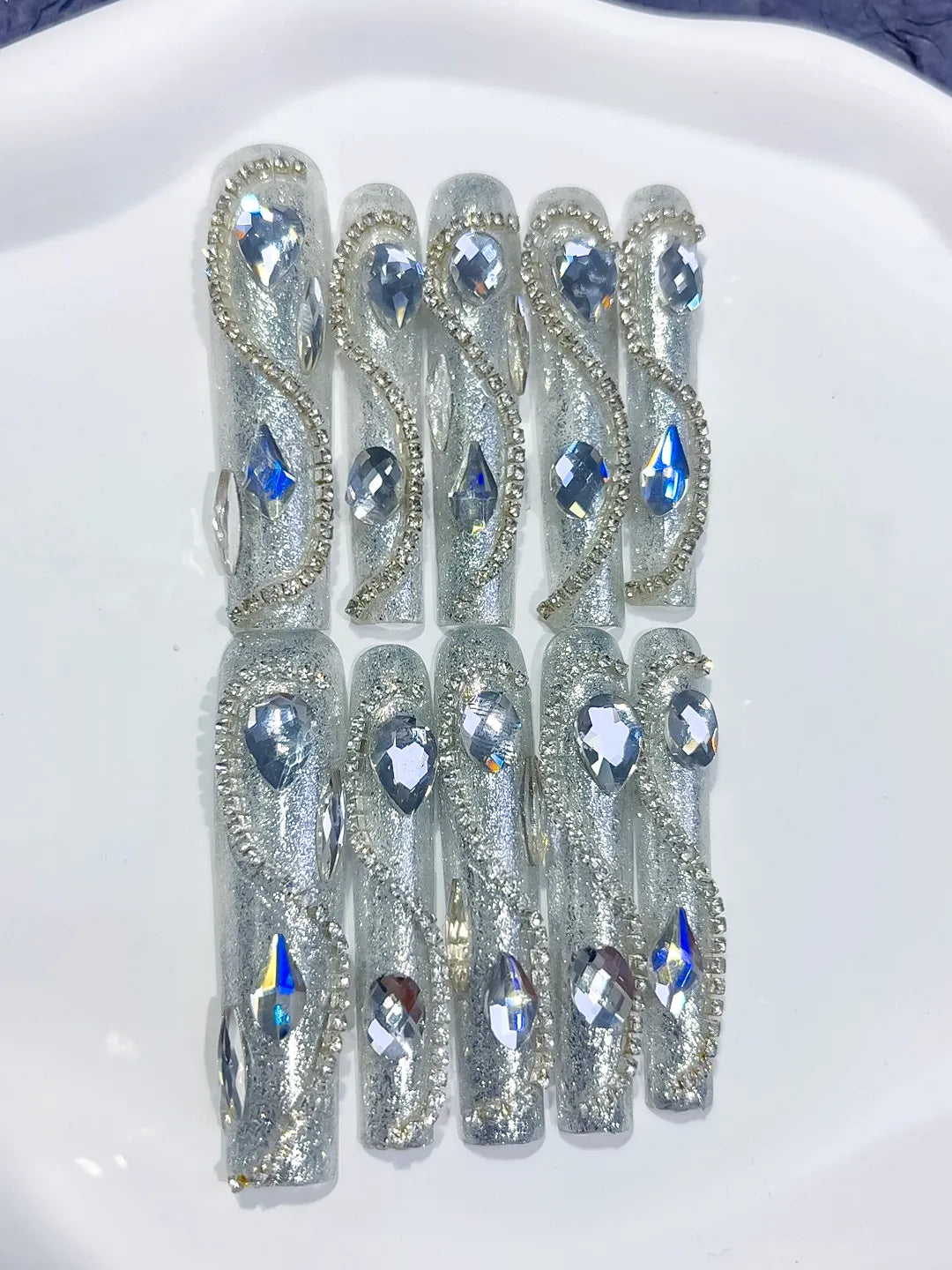 Silver Solid color Rhinestone Crystal Cluster press on nails close up