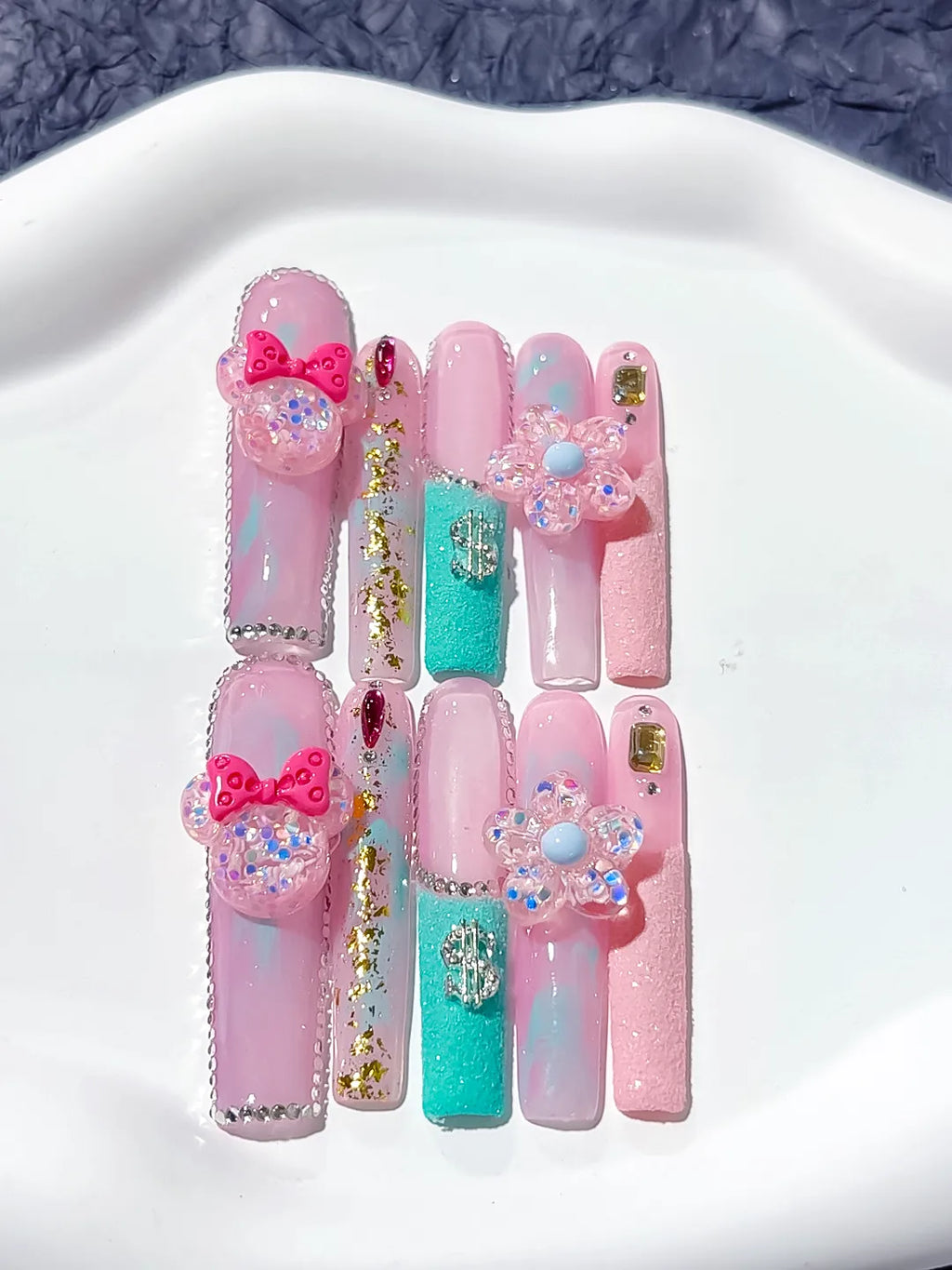 Pink White Blue Solid color Bow Pearls 3D press on nails detail view